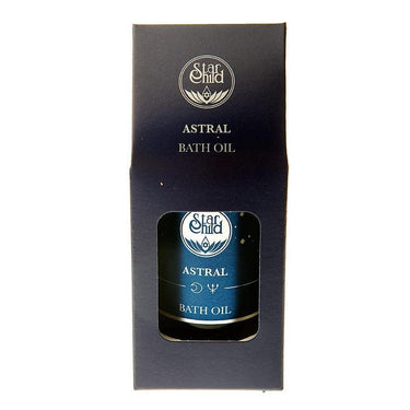 Star Child Astral Bath Oil in a dark blue bottle and black gift box.