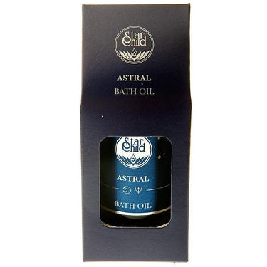 Star Child Astral Bath Oil in a dark blue bottle and black gift box.