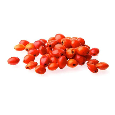 Small pile of bright red dried berries on a white background.