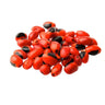 Small pile of vibrant red seeds with black spots on a white background.