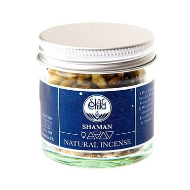 Star Child Shaman natural incense resin in a clear glass jar with a silver lid.