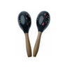 Pair of black hand-painted wooden maracas with floral patterns and natural wood handles.