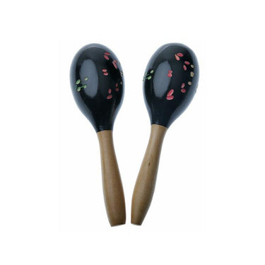 Pair of black hand-painted wooden maracas with floral patterns and natural wood handles.