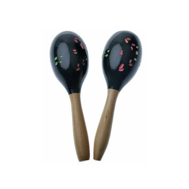 Pair of black hand-painted wooden maracas with floral patterns and natural wood handles.