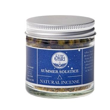 Star Child Summer Solstice natural incense in a glass jar with silver lid