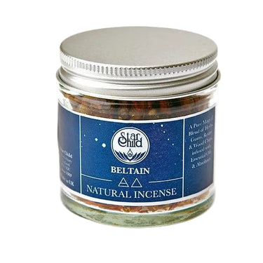 Jar of Beltain natural incense resin blend for ritual and smudging.