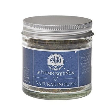 Star Child Autumn Equinox natural incense in a glass jar with silver lid