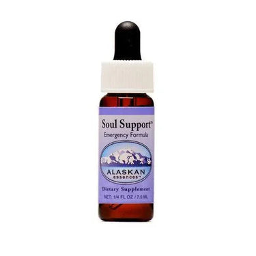 Soul Support Emergency Formula Alaskan Essences dietary supplement dropper bottle.