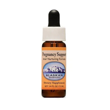 Alaskan Essences Pregnancy Support dietary supplement in a small amber glass dropper bottle.