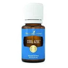 Cool Azul essential oil in a small amber glass bottle with a white cap.