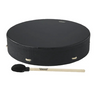 Black shamanic drum with a Remo drum beater for sound healing and ritual practice.