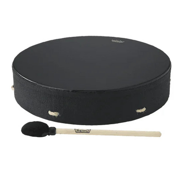 Black shamanic drum with a Remo drum beater for sound healing and ritual practice.