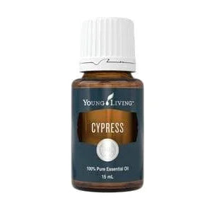 Young Living Cypress 100% Pure Essential Oil in a small amber glass bottle with a white cap.