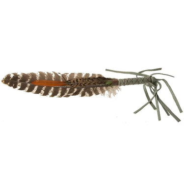 Natural patterned feather shamanic instrument with leather ties for ritual use.
