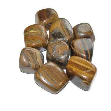Polished tiger eye tumblestones with golden brown chatoyant bands.