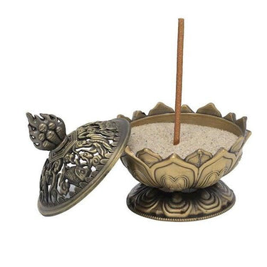 Lotus Incense Burner 8cm – Bronze Holder with 8 Auspicious Signs -
