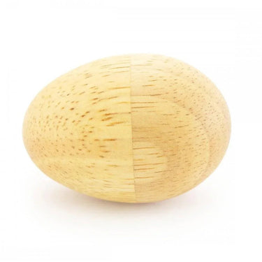 Natural light wood egg-shaped shaker instrument for sound healing and ritual.