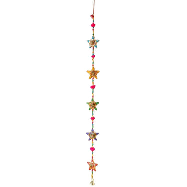Hanging Star Bell Garland 105cm – Indian 5-Star Design with Beads & Pom-Poms -