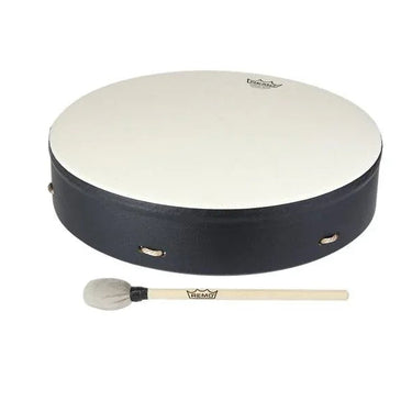Shamanic drum with white head, black frame, and accompanying drum beater.