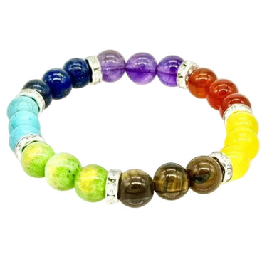 Multicolor rainbow gemstone bead bracelet with polished healing crystals