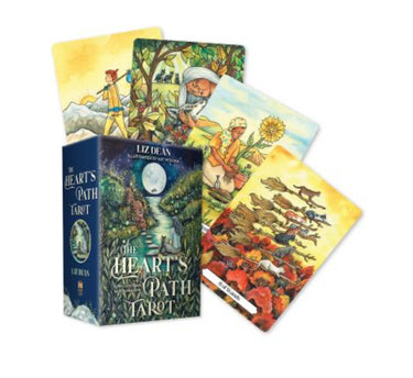 The Heart's Path Tarot deck by Liz Dean, showing the illustrated box and several fanned cards with colorful fantasy and nature artwork on a white background.
