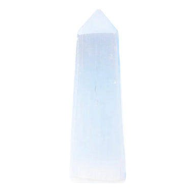 A natural white selenite crystal tower with a pointed tip, standing upright against a solid light blue background.