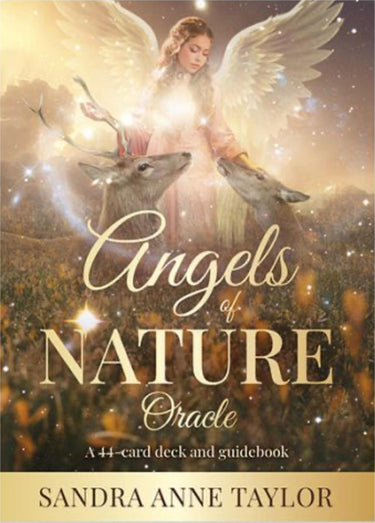 Front cover of the 'Angels of Nature Oracle' card deck and guidebook by Sandra Anne Taylor, featuring an illustration of a winged angel standing among deer in a glowing natural landscape.