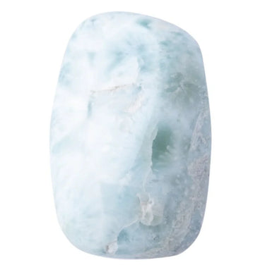 A polished light blue and white marbled stone with natural veining, isolated on a solid white background.