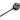 A handcrafted wooden mace or club with a round black head decorated with a beige sun face design and purple and pink feathers, set against a plain white background.