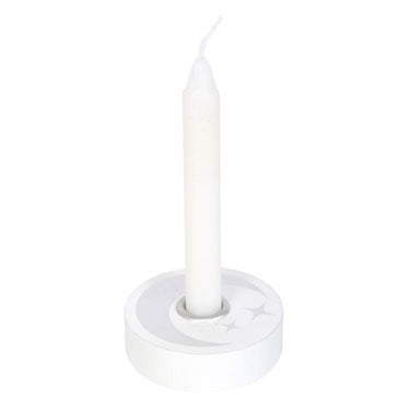 Moon & Stars Spell Candle Holder 5cm - Round White - Silver Detail - Fits 10mm Candles
