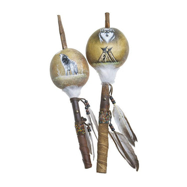 Two shamanic ritual rattles with wolf and teepee paintings, decorated with feathers and beads.