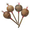 Set of four handcrafted shamanic bird rattles with carved gourd heads and wooden handles.