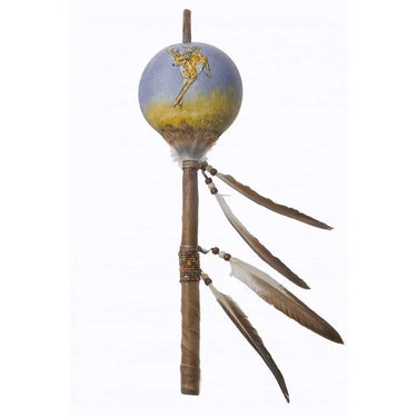 Shamanic drum with animal artwork, feathers, and beadwork on a wooden handle