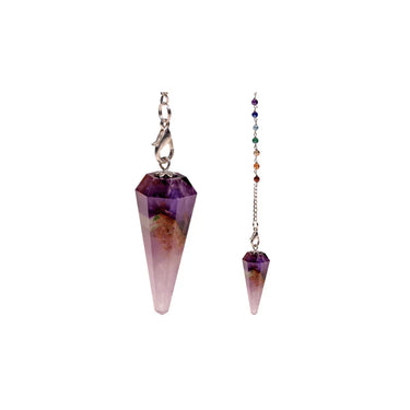 Amethyst crystal pendulum with a silver chain and colorful chakra gemstones