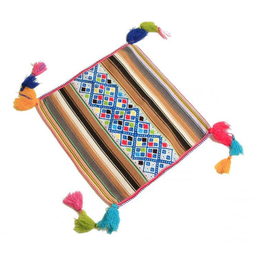Colorful woven shamanic drum bag with multi-colored tassels and geometric patterns