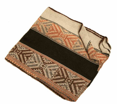 A folded woven blanket with a geometric pattern in beige, brown, and terracotta, featuring a wide black stripe across the center, shown on a plain white background.