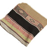 A square woven textile or rug sample with horizontal bands of tan, black, red, olive green, and beige geometric patterns, shown on a plain white background.
