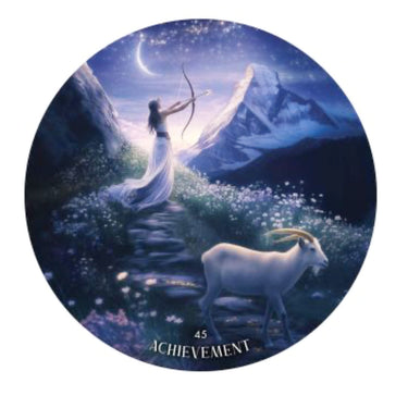 A circular tarot card illustration featuring a woman in a flowing white dress aiming a bow in a mystical mountain landscape under a crescent moon, with a white goat in the foreground and the text '45 ACHIEVEMENT' at the bottom.