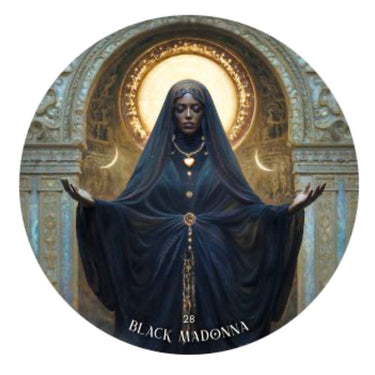 A circular artwork featuring a dark-robed figure with outstretched hands, set against an ornate golden arch and stone architecture. The text 'BLACK MADONNA' appears at the bottom, and the entire composition is centered on a white background.