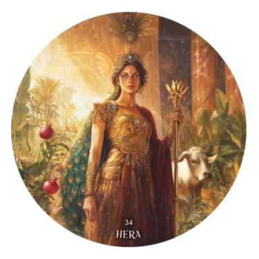 A circular art print featuring a classical painting of the goddess Hera, depicted in ornate gold armor and a peacock-patterned cloak, holding a golden staff. The background of the artwork is a warm, glowing scene with a cow and lush greenery.