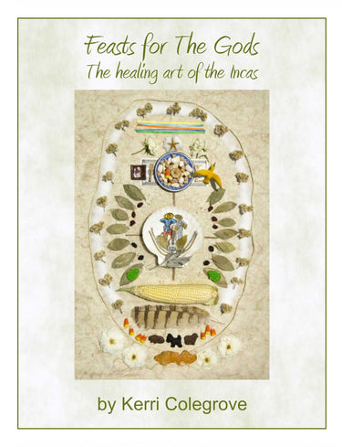 Book cover 'Feasts for The Gods' by Kerri Colegrove featuring Inca healing art motifs.