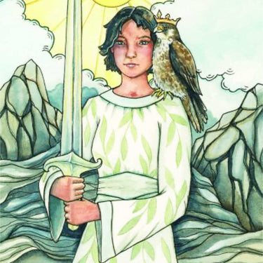 Ace of Swords tarot card illustration featuring a young boy in a white leaf-patterned tunic holding a sword, with an owl on his shoulder, mountains in the background, and the text 'Ace of Swords' at the bottom.