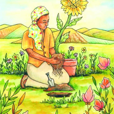 A colorful tarot card illustration labeled 'Page of Pentacles' showing a kneeling woman in a garden with a potted sunflower, flowers, hills, and a pentagram symbol on the flower.