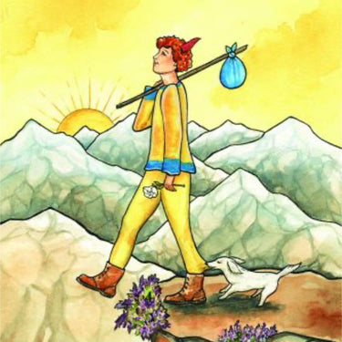 A tarot card illustration labeled 'O The Fool' at the bottom. The scene shows a person in a yellow outfit walking on rocky ground with a white dog, carrying a blue sack on a pole, with mountains and a yellow sky in the background.