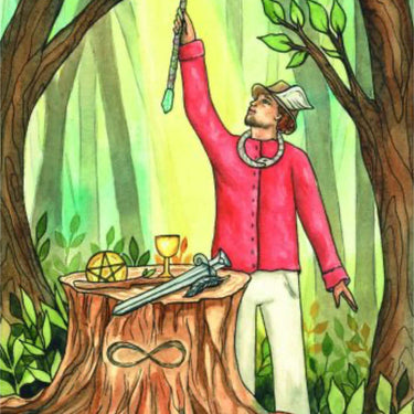 Illustrated tarot card 'I The Magician' showing a figure in a pink robe standing in a forest beside a tree stump with a sword, wand, cup, and planetary symbols, with the card title at the bottom.