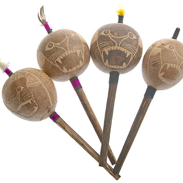 Shipibo Jaguar handcrafted wooden maracas with carved animal face designs