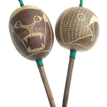 Shipibo Jaguar & Eagle Gourd Rattle 4" Large Yellow - Power & Vision - Shamanic Rattle