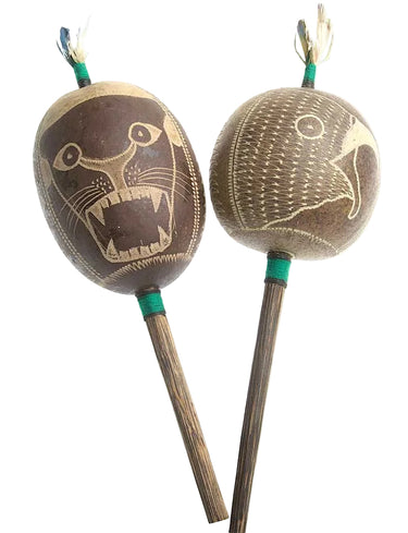 Shipibo Jaguar & Eagle Gourd Rattle 4" Large Yellow - Power & Vision - Shamanic Rattle