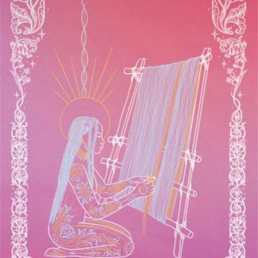 A pink and magenta card or print with white ornamental border art and the words 'DAWN' at the top and 'CHOICE' at the bottom, showing a stylized seated figure weaving or arranging vertical threads.
