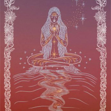 A tarot-style card titled 'Dusk' with the word 'Peace' at the bottom, featuring a meditating woman in gold and white linework against a reddish-purple gradient background with decorative borders and stars.